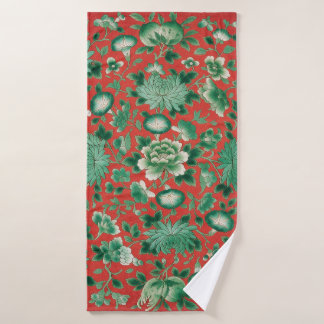 Chinoiserie Red Green Floral Chintz Bath Towel Set