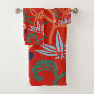 Chinoiserie Red Hawaiian Floral Japanese Kimono Bath Towel Set