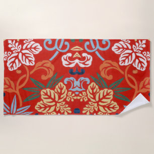 Chinoiserie Red Hawaiian Floral Japanese Kimono Beach Towel