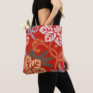 Chinoiserie Red Hawaiian Floral Japanese Kimono Tote Bag