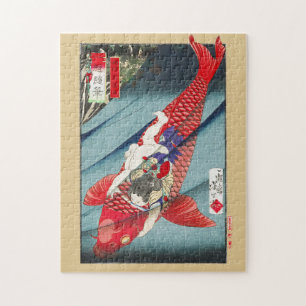 Chinoiserie Red Koi Carp & Heroic Boy Print Jigsaw Puzzle