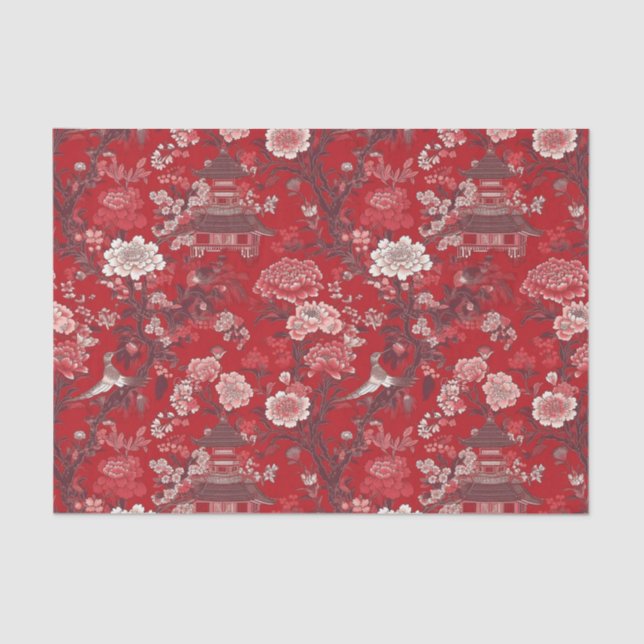 Chinoiserie Red Pink Floral Painting Decoupage Tissue Paper (Front)