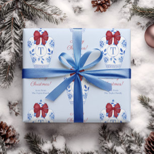 Chinoiserie Red White Blue Christmas Monogram Wrapping Paper
