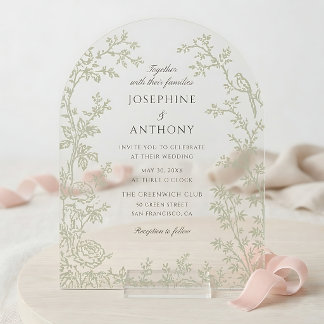 Chinoiserie Sage Green Floral Wedding Acrylic Invitations