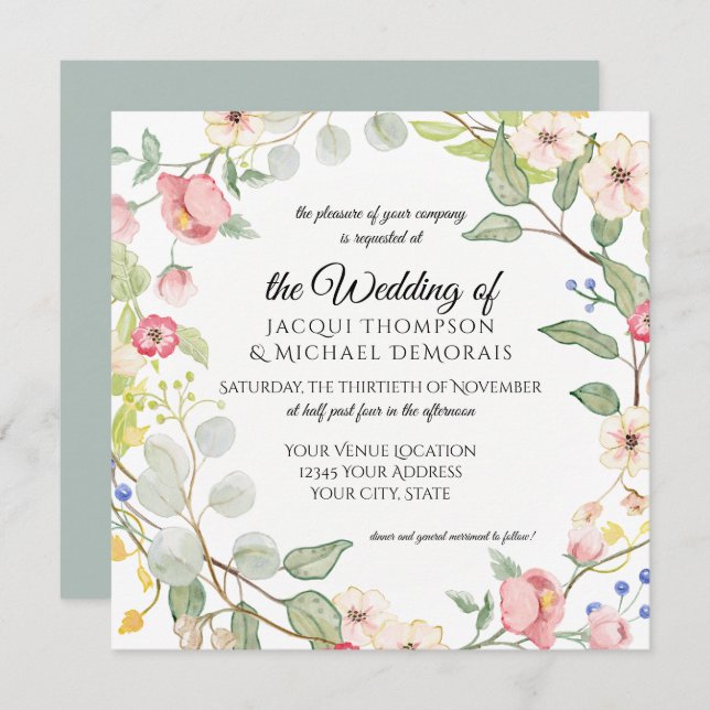 Chinoiserie Silver Sage Watercolor Roses Floral Invitation (Front/Back)
