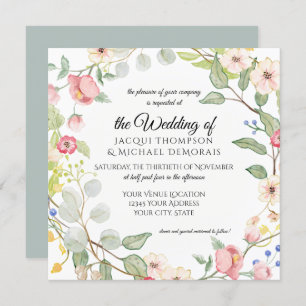 Chinoiserie Silver Sage Watercolor Roses Floral Invitation