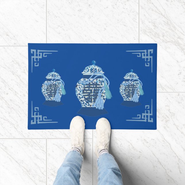 Chinoiserie Tassel Blue Ginger Jars Welcome mat  (Indoor)