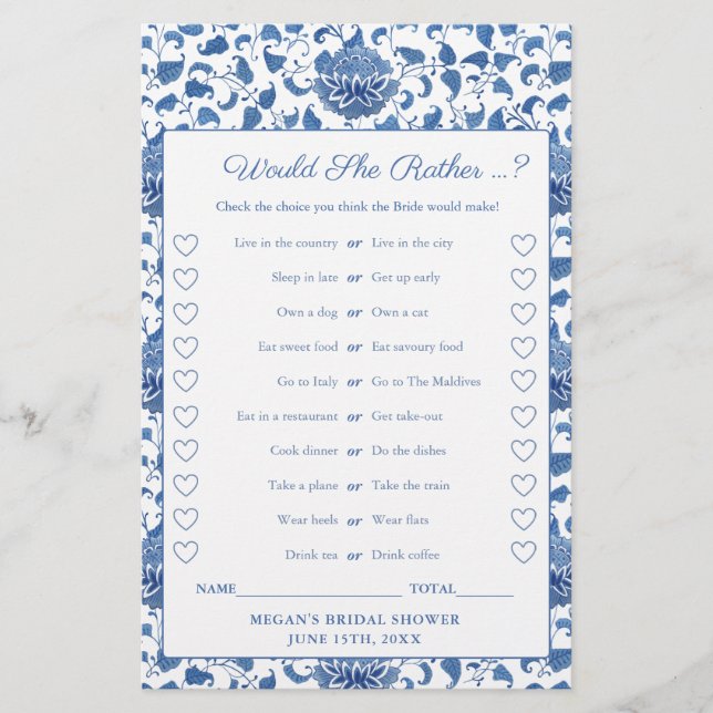 Chinoiserie This Or That Bridal Shower Game (Front)