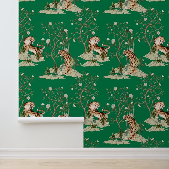 Chinoiserie Tiger, Peonies & Trees Spring Green Wallpaper (Application)