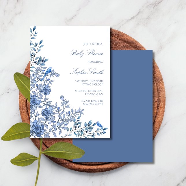 Chinoiserie Toile Blue Floral Baby Shower Invitation (Creator Uploaded)