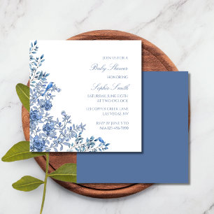 Chinoiserie Toile Blue Vintage Floral Baby Shower Invitation