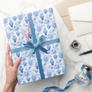 Chinoiserie Toile Blue & White Floral Vases Wrapping Paper