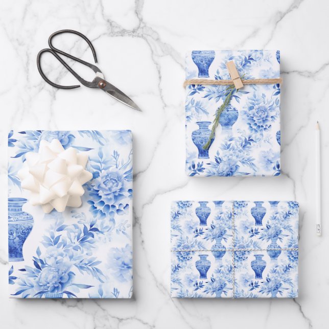 Chinoiserie Toile Blue & White Floral Vases Wrapping Paper Sheet (Front)