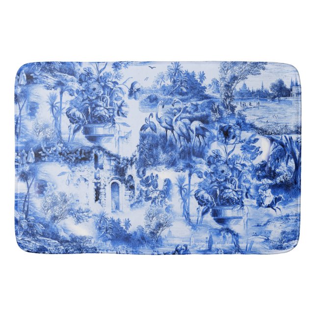 Chinoiserie toile,blue willow,blue china   bath mat (Front)