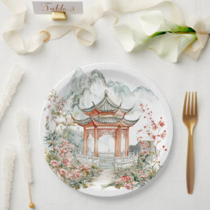 Chinoiserie Toile De Jouy Pagoda  Paper Plate