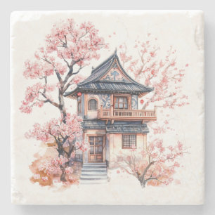 Chinoiserie Toile De Jouy Pagoda  Stone Coaster