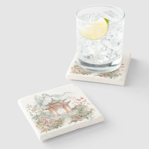 Chinoiserie Toile De Jouy Pagoda  Stone Coaster