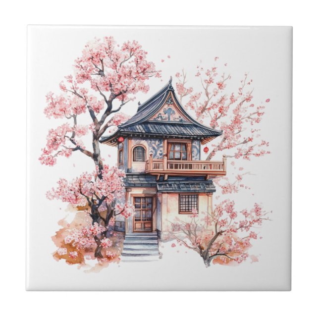 Chinoiserie Toile De Jouy Pagoda  Tile (Front)
