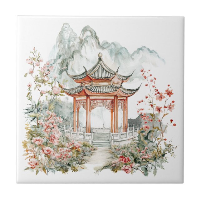 Chinoiserie Toile De Jouy Pagoda  Tile (Front)