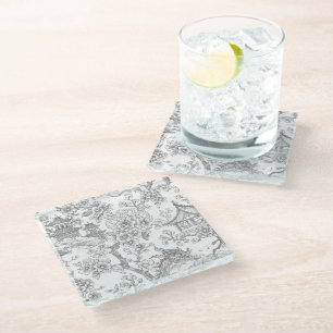 Chinoiserie Toile Dragon Cherry Blossom Ornamental Glass Coaster
