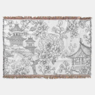 Chinoiserie Toile Dragon Cherry Blossom Ornamental Throw Blanket