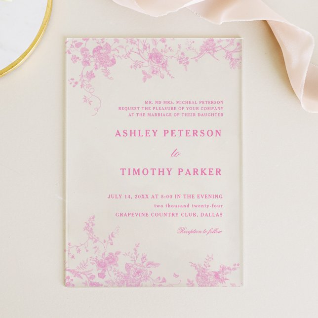 Chinoiserie Toile Pink Wedding Acrylic Invitations (Creator Uploaded)