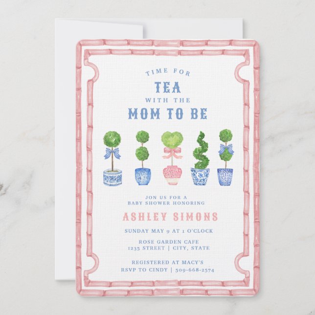 Chinoiserie Topiary Baby Shower | Pink Tea Party  Invitation (Front)