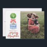 Chinoiserie Topiary Christmas  Photo  Holiday Card<br><div class="desc">This Chinoiserie Topiary Christmas photo card features a topiary in a blue and white chinoiserie pot with a red bow. Text says "Wishing you a Merry Christmas" with a place to add your favourite photo. On the back is a hedge border with bows on each corner with a message that...</div>