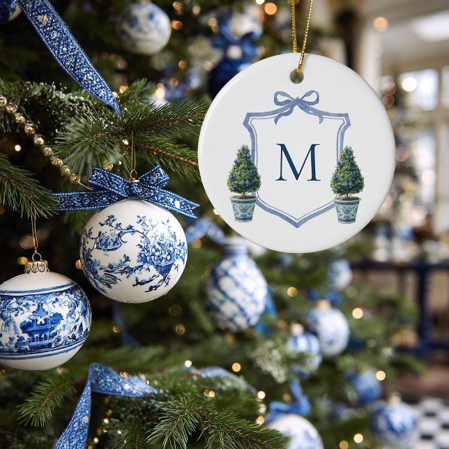 Chinoiserie Topiary Monogrammed Crest Christmas Ceramic Tree Decoration (Topiary Monogram Christmas Ornament)