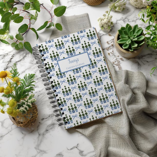 Chinoiserie Topiary Personalised Journal Notebook (Topiary Tree Bow Spiral Notecbook)