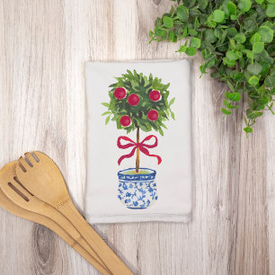 Chinoiserie Topiary Red Bow  Tea Towel