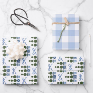 Chinoiserie Topiary Tree Blue Bow and Gingham Wrapping Paper Sheet