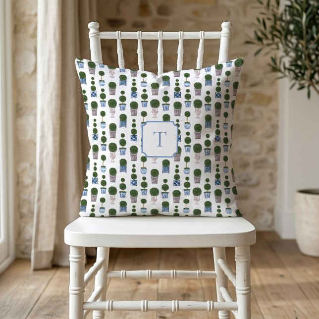 Chinoiserie Topiary Tree Bow Monogrammed Cushion (Topiary Tree Pillow)