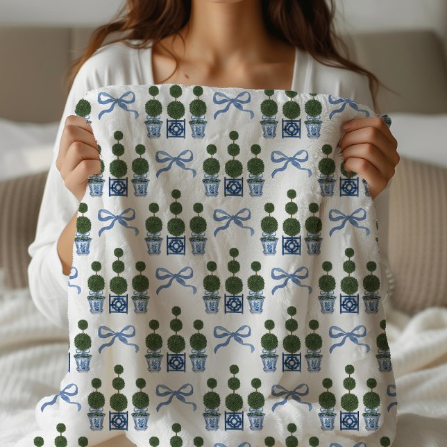 Chinoiserie Topiary Tree Monogram  Sherpa Blanket (Topiary Tree Blanket)