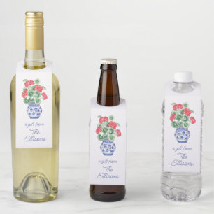 Chinoiserie Vase of Red Geraniums Personalised Bottle Tag