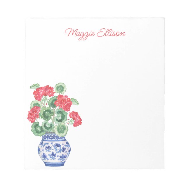 Chinoiserie Vase of Red Geraniums Personalised Notepad (Front)