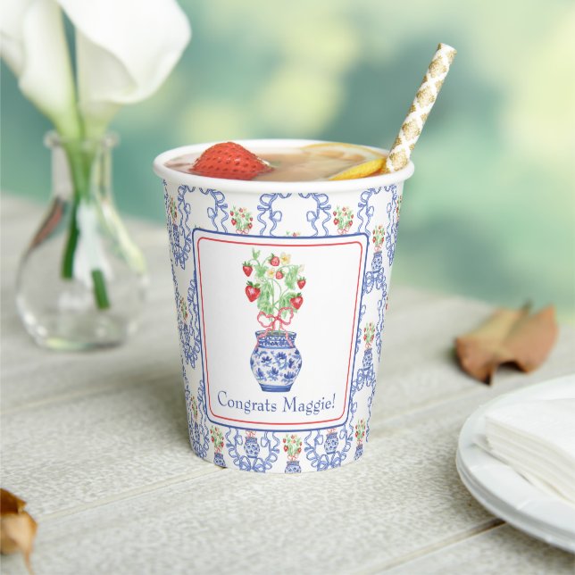 Chinoiserie Vase of Red Strawberries Personalised Paper Cups (Insitu)
