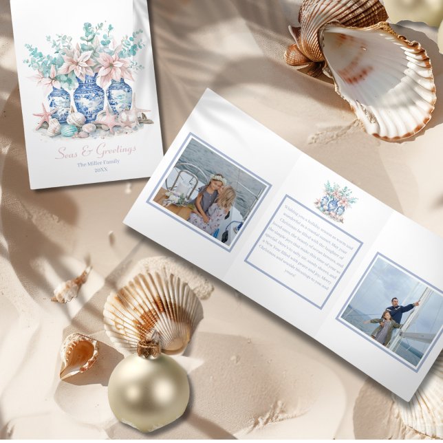 Chinoiserie Vases Eucalyptus & Poinsettias 2 photo Tri-Fold Holiday Card (Chinoiserie Vases Eucalyptus & Poinsettias 2 photo Tri-Fold Holiday Card)