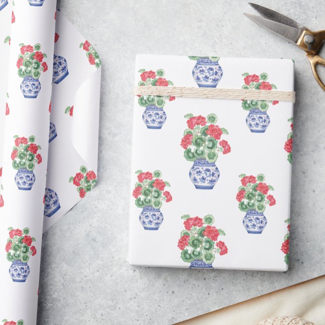 Chinoiserie Vases of Red Geraniums Wrapping Paper (Creator Uploaded)