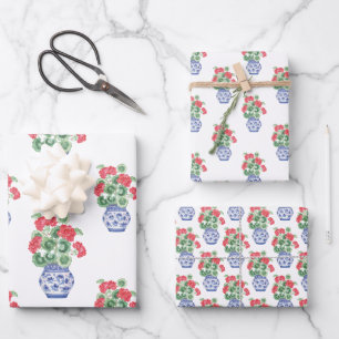 Chinoiserie Vases of Red Geraniums Wrapping Paper Sheet