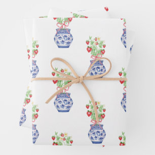 Chinoiserie Vases of Red Strawberries Wrapping Paper Sheet
