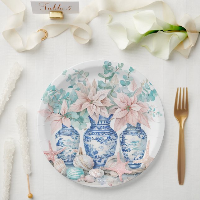 Chinoiserie Vases with Eucalyptus & Poinsettias  Paper Plate (Wedding)