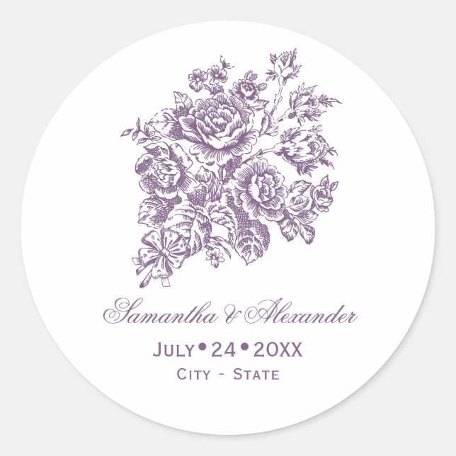 Chinoiserie Victorian Purple Roses Bouquet Wedding Classic Round Sticker (Front)