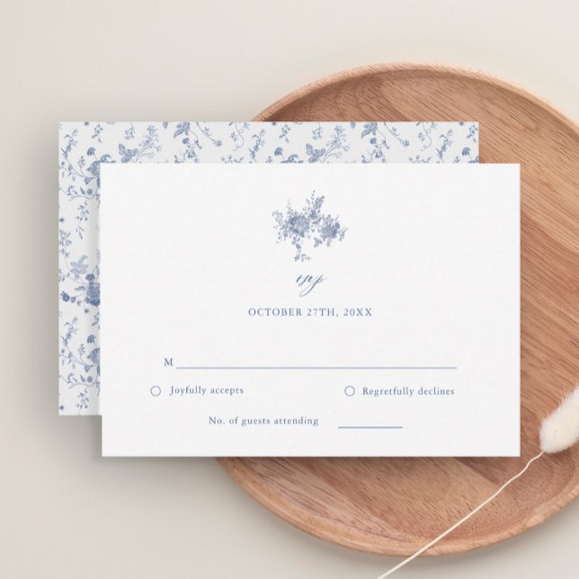 Chinoiserie Victorian Toile Blue Wedding RSVP Card (Creator Uploaded)