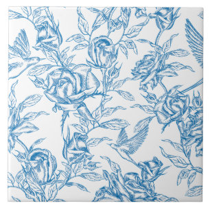 Chinoiserie Vintage Blue Rose Floral Bird Tile