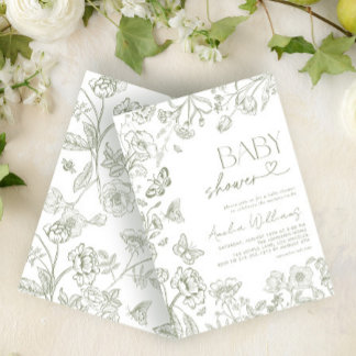 Chinoiserie Vintage Floral Sage Green Baby Shower Invitation