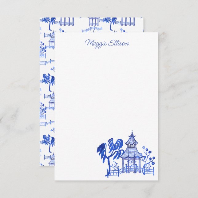 Chinoiserie Watercolor Blue Pagoda Note Cards (Front/Back)