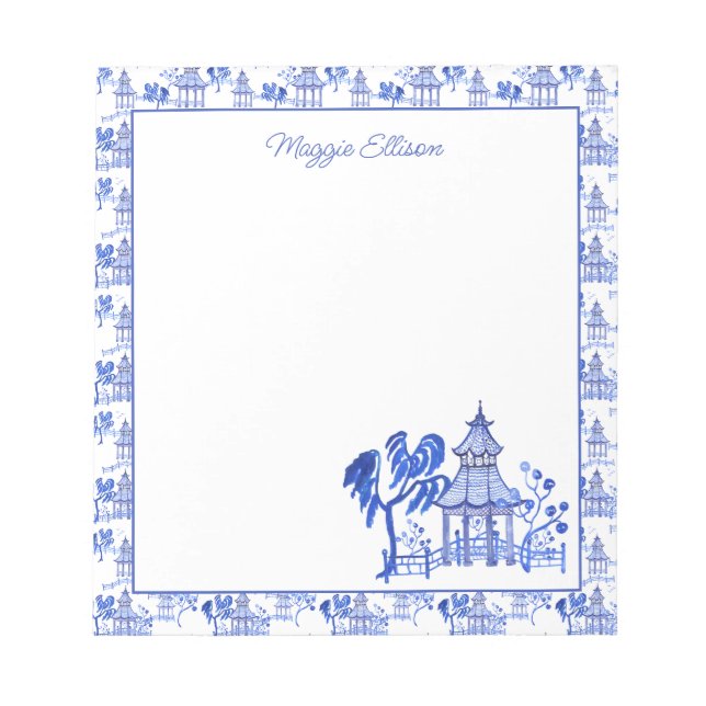 Chinoiserie Watercolor Blue Pagoda Notepad (Front)