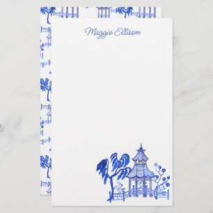 Chinoiserie Watercolor Blue Pagoda Stationery