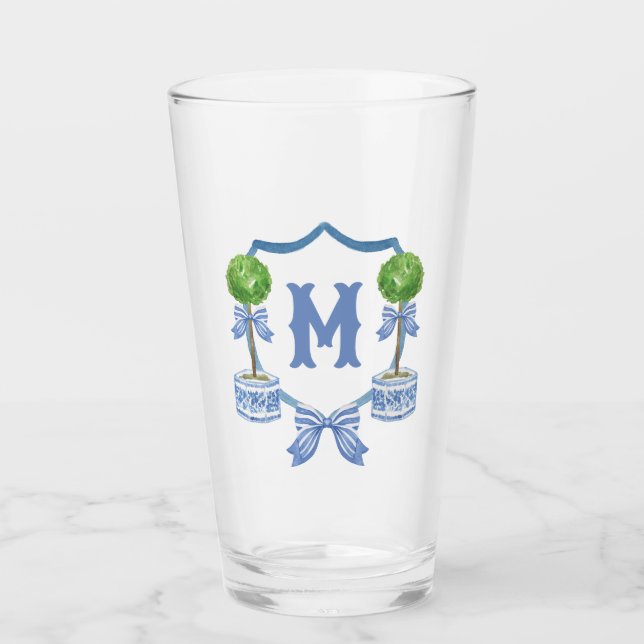 Chinoiserie Watercolor Bow Topiary Monogram Crest Glass (Front)